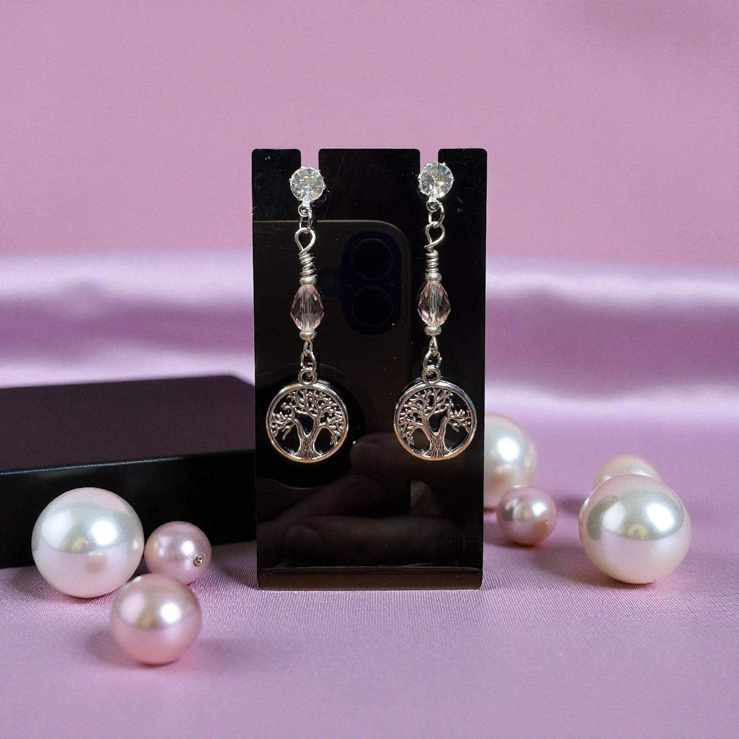 Handmade Tree of Life Pink Crystal Earrings, Silver