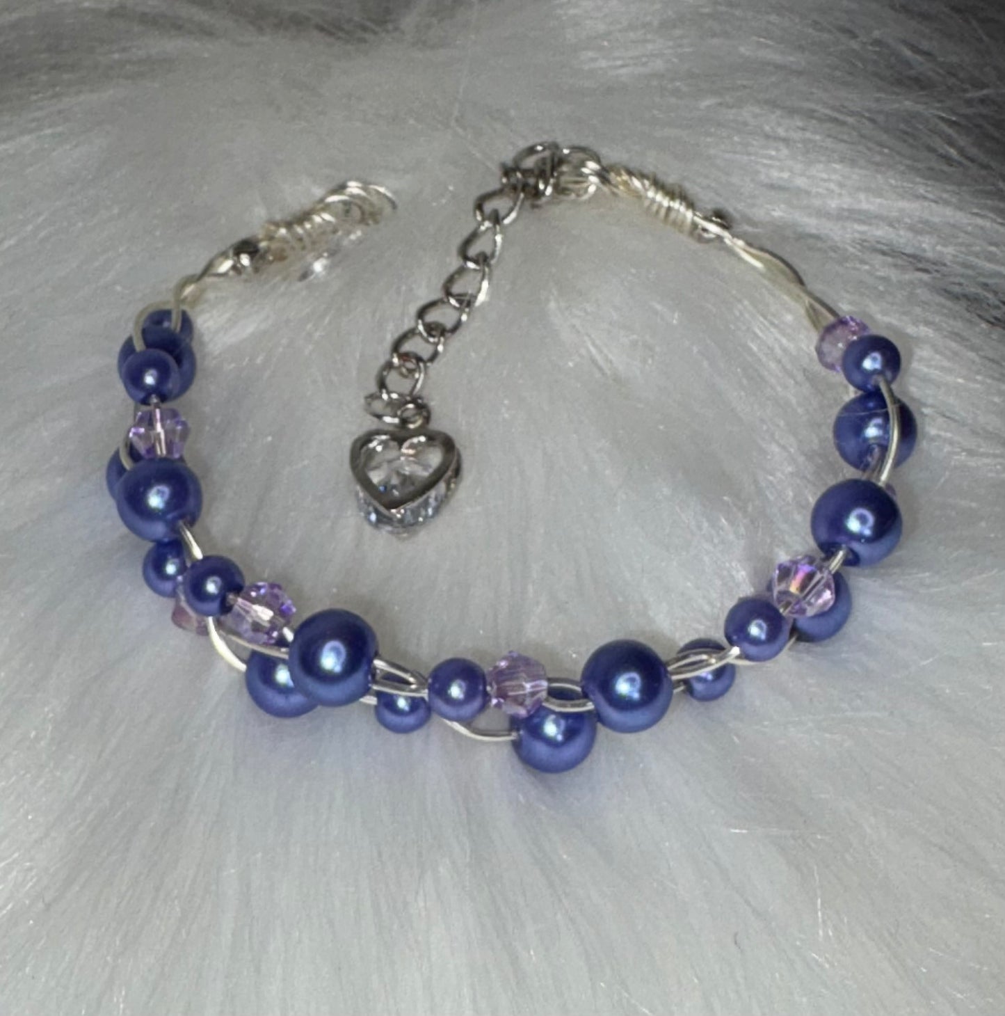 Handmade Blue Glass Pearl Bracelet, Woven Wire with Heart Charm — alternate view
