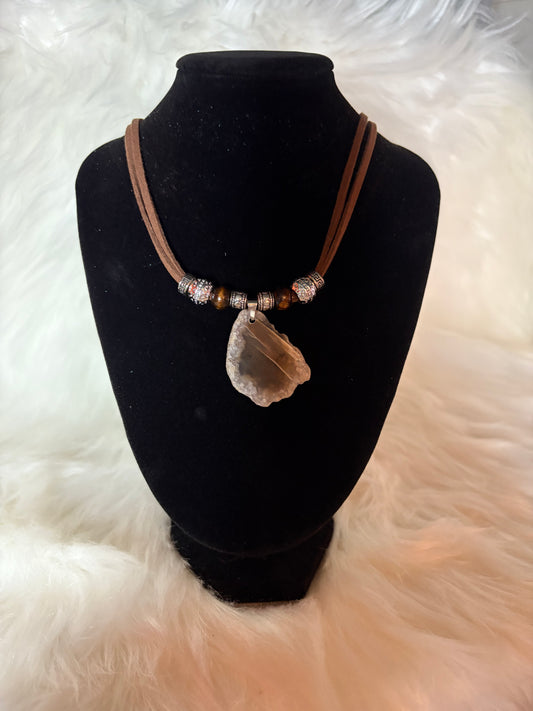 Handmade Beige Agate Geode Slice Necklace, Suede Cord — alternate view
