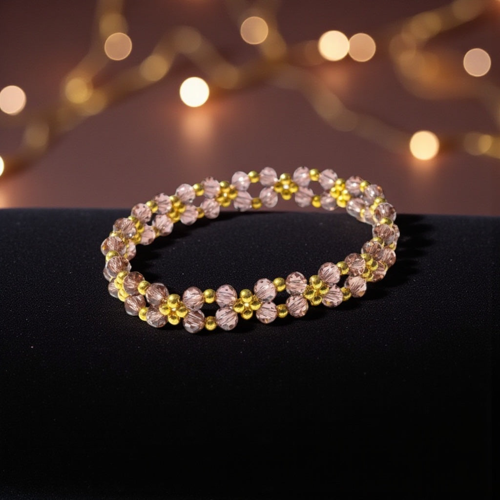 Handmade Champagne Pink Crystal Bracelet, Woven Gold Accents