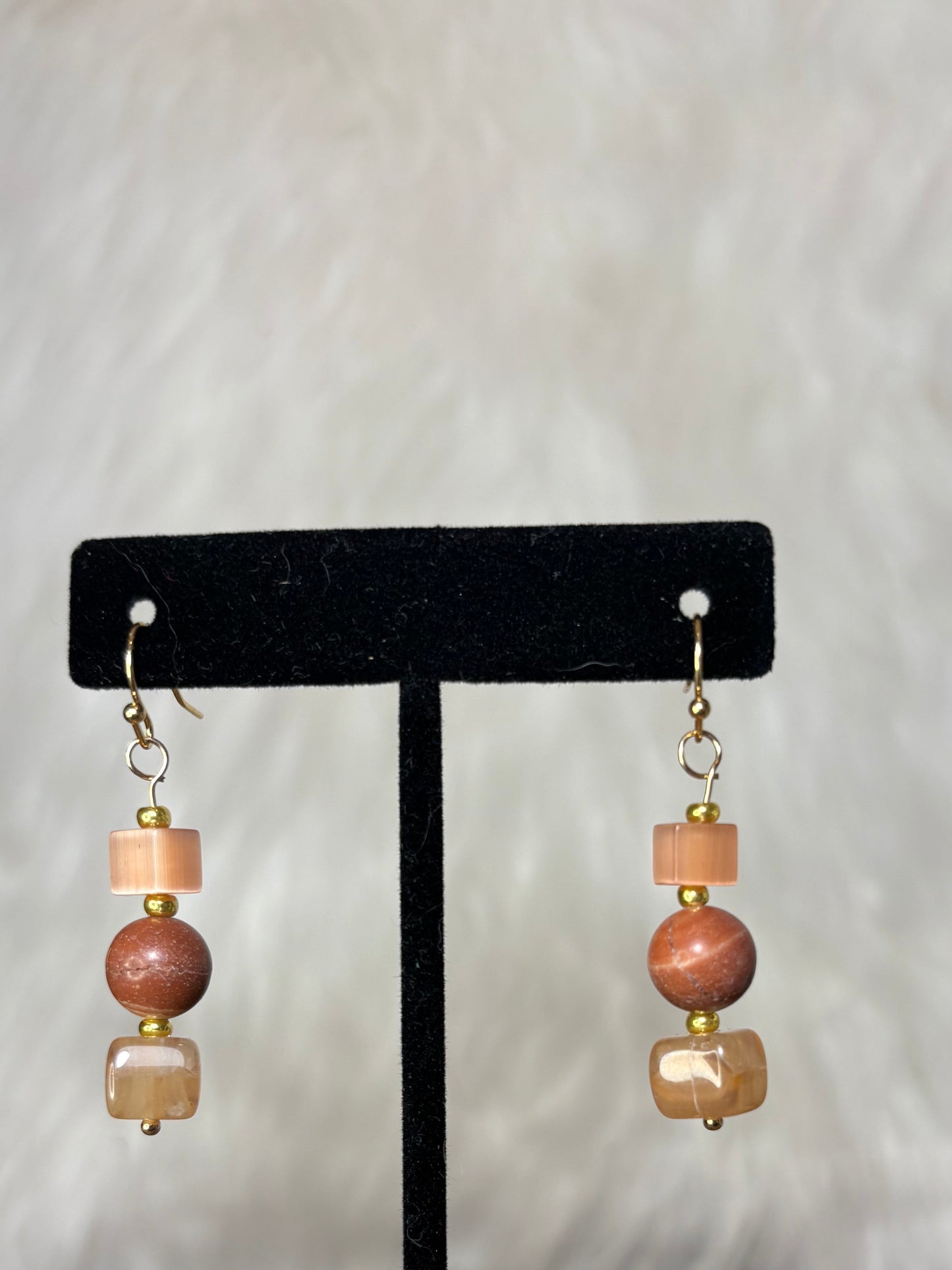 Goldstone and Peach Beaded Drop Earrings, Earthy Neutral