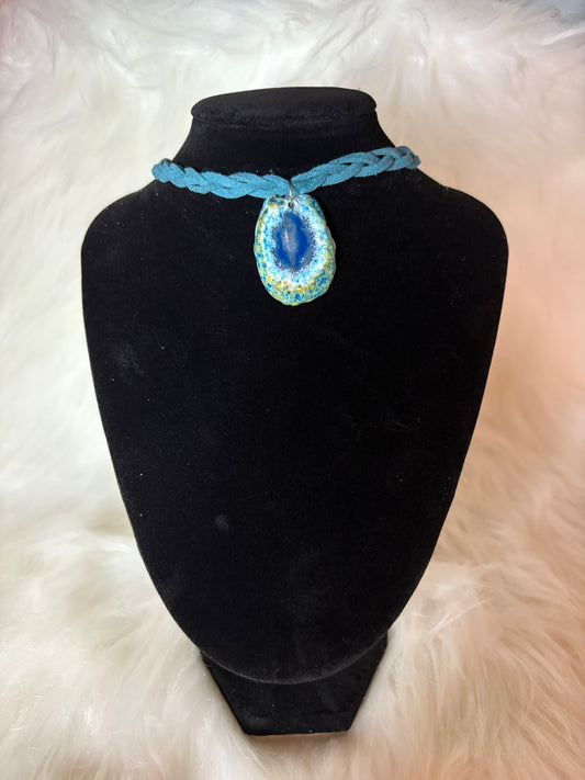 Handmade Blue Agate Geode Slice Necklace, Braided Suede Cord — alternate view