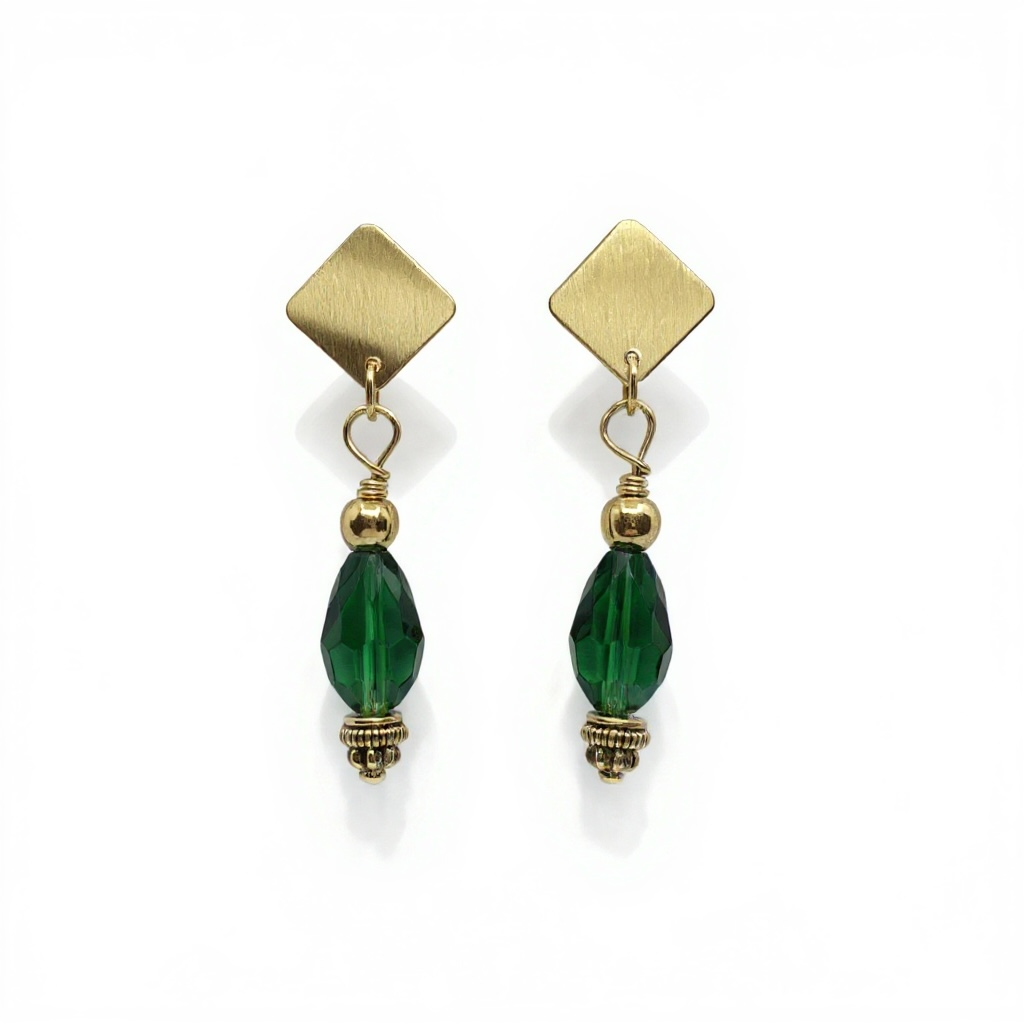 Handmade Emerald Green Crystal Drop Earrings, Gold Tone — alternate view