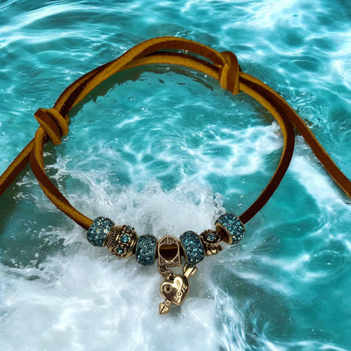 Handmade Leather Boho Anklet and Bracelet, Heart and Key Charms