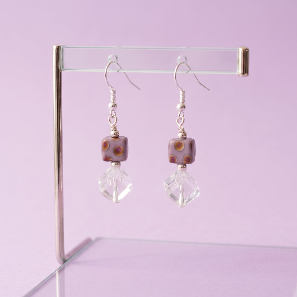 Spotted Lavender Glass Cube Earrings, Clear Crystal Drop