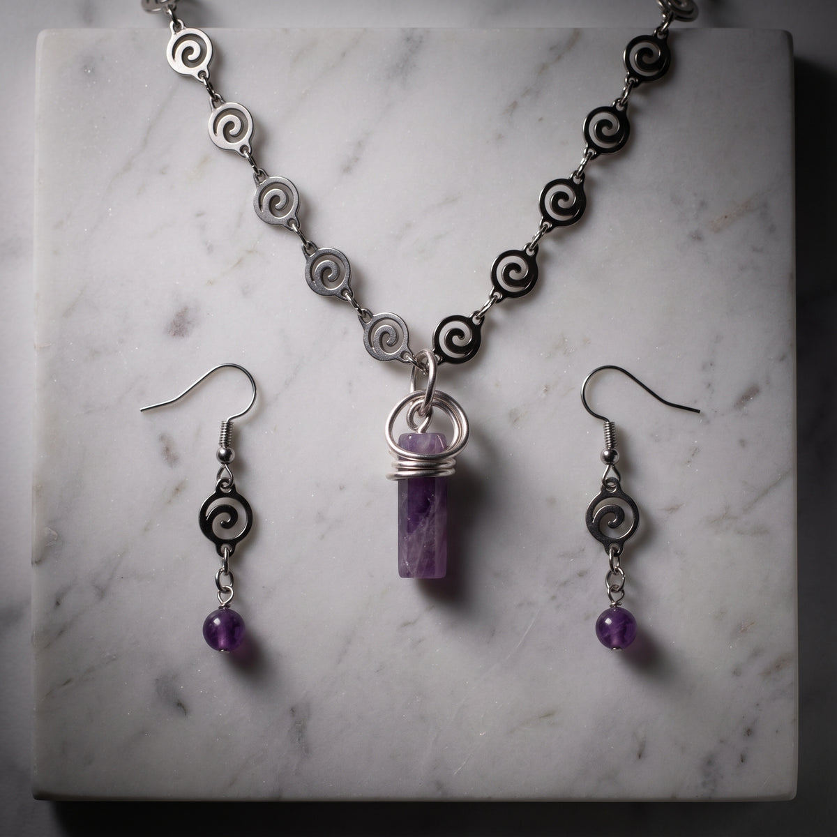 Amethyst Purple Crystal Necklace and Earring Set, Spiral Boho Style