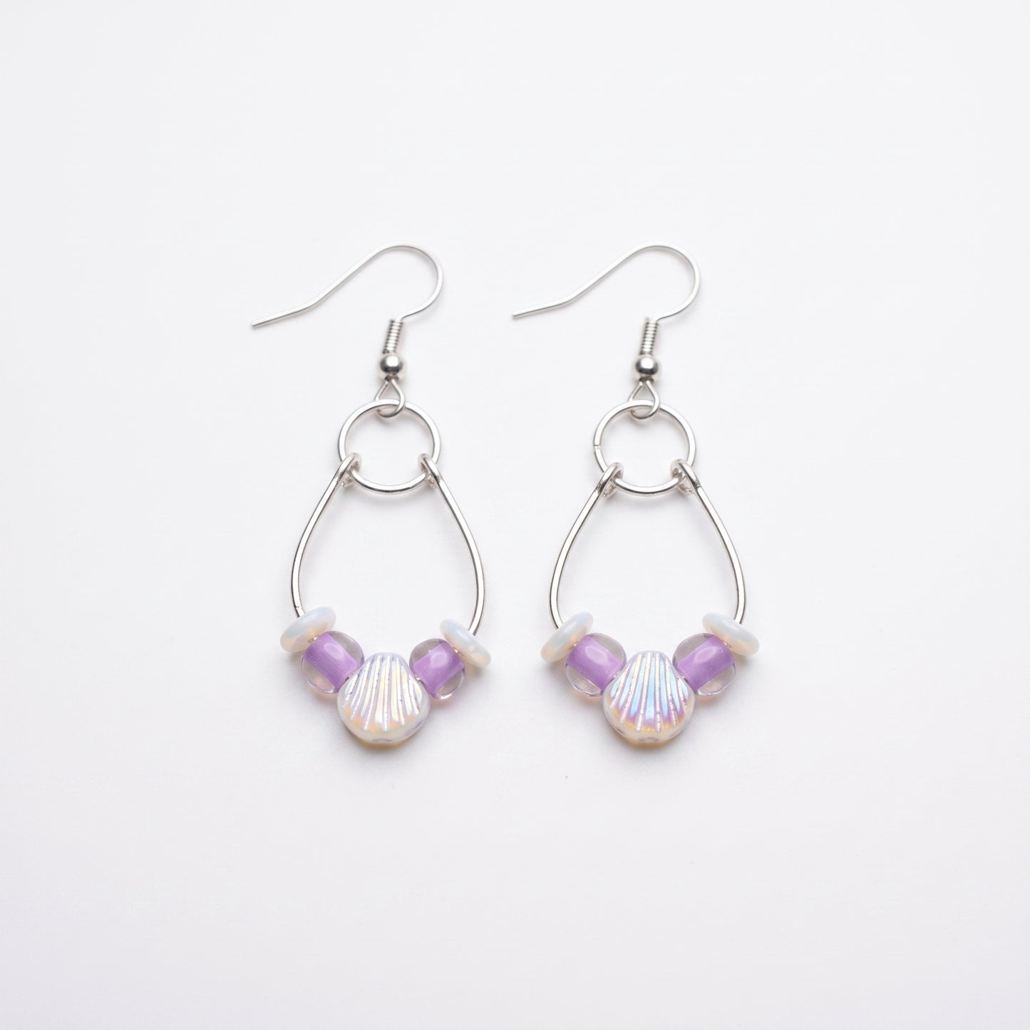 Seashell and Purple Glass Bead Dangle Earrings, Coastal Boho
