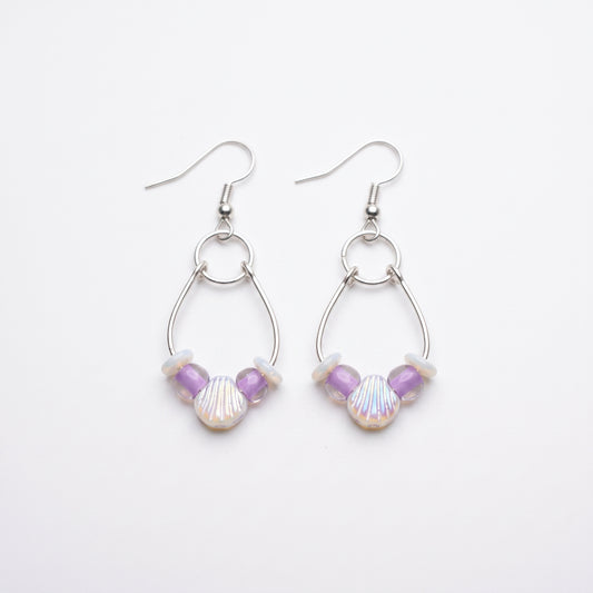 Seashell and Purple Glass Bead Dangle Earrings, Coastal Boho