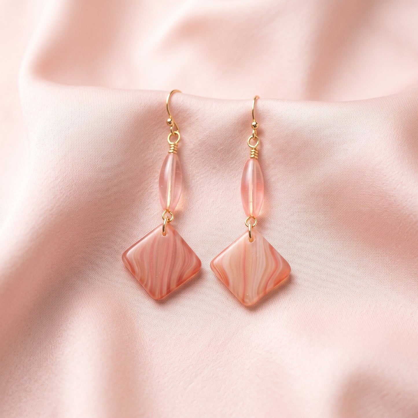 Marbled Glass Peach Drop Earrings, Earthy Boho Style