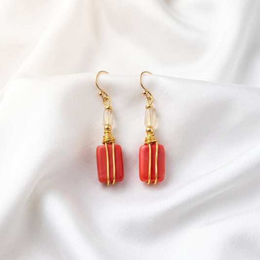Red Coral Gold Wire Wrapped Earrings, Boho Beach Dangle