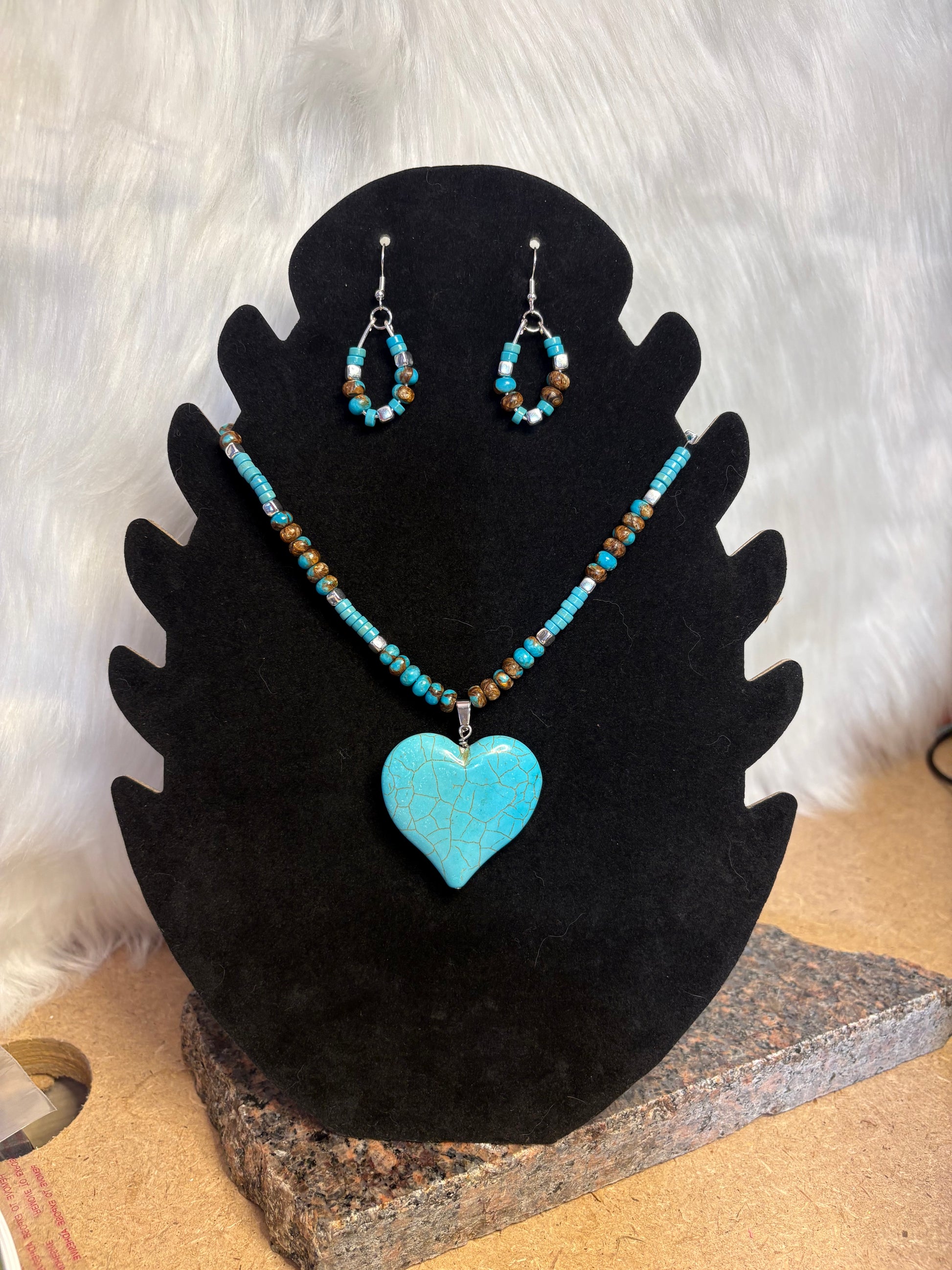 Handmade Turquoise Heart Necklace and Earring Set, Beaded