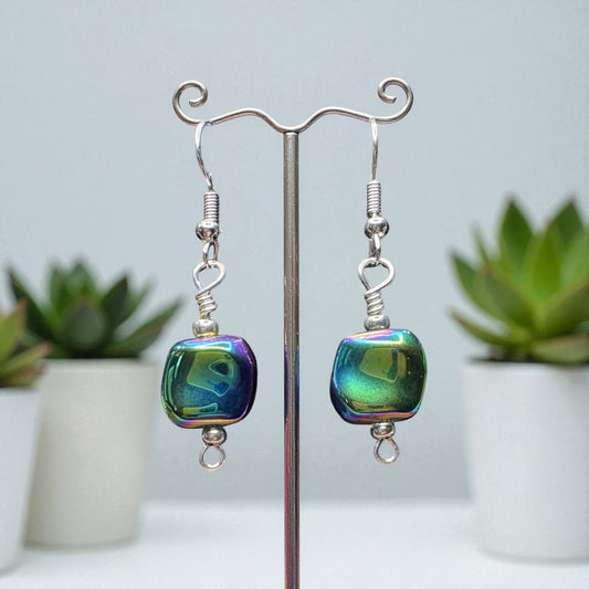 Handmade Rainbow Hematite Drop Earrings, Iridescent Stone