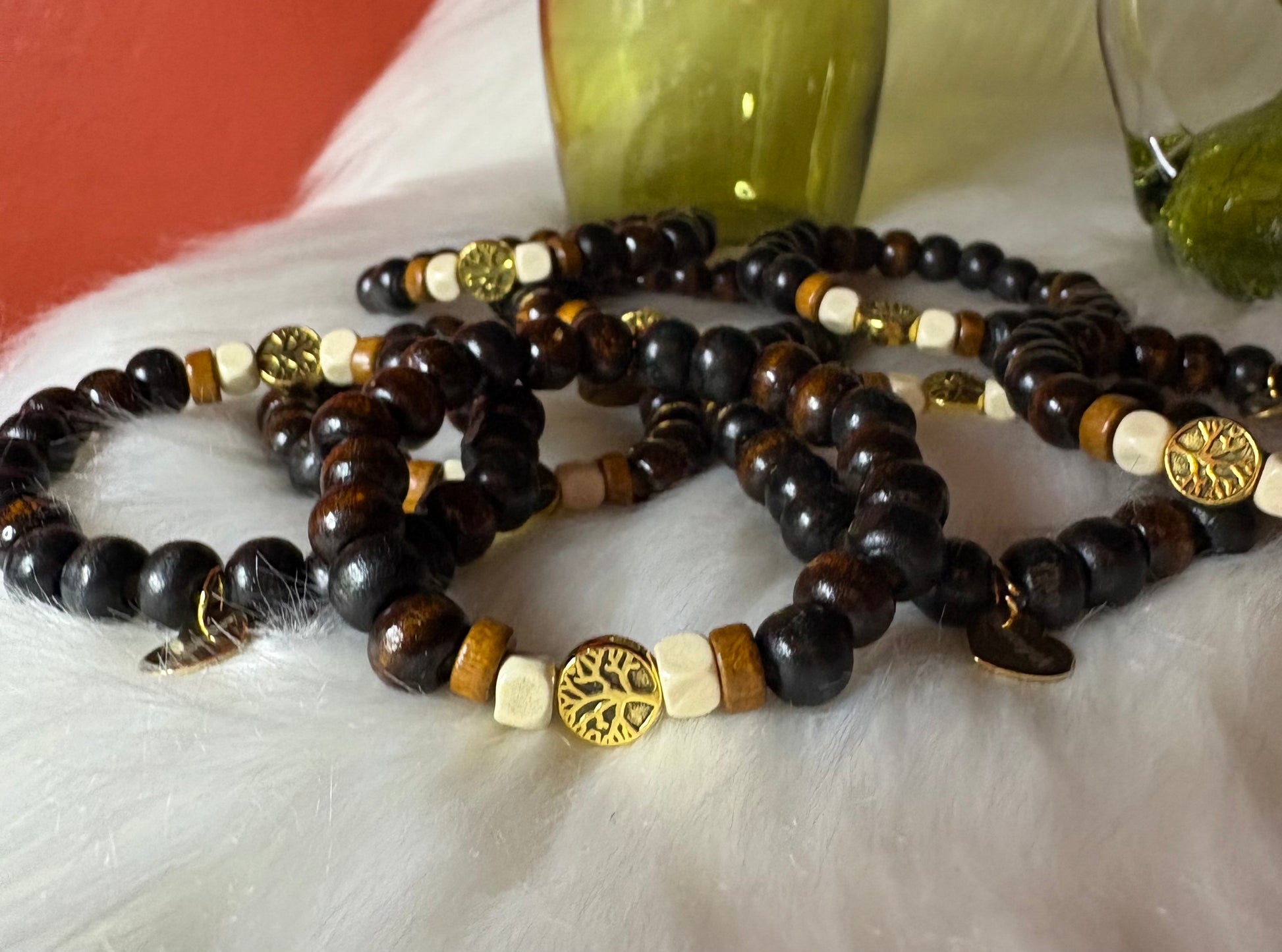 Handmade Tree of Life Wood Bead Bracelet, Boho Stretch