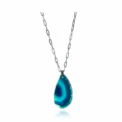 Handmade Teal Blue Agate Geode Slice Necklace, Paperclip Chain — alternate view 2