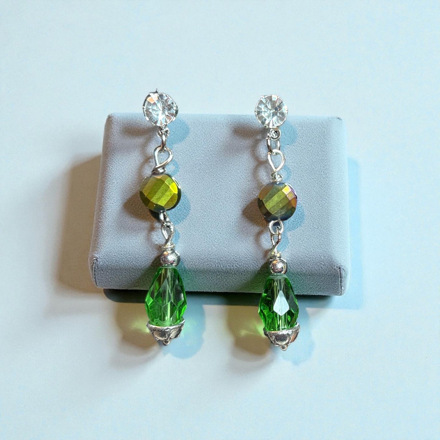 Handmade Green Crystal Teardrop Earrings, Silver Tone