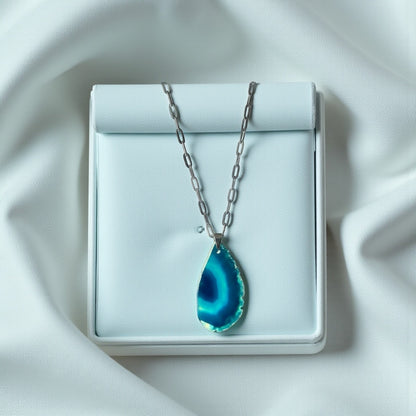 Handmade Teal Blue Agate Geode Slice Necklace, Paperclip Chain