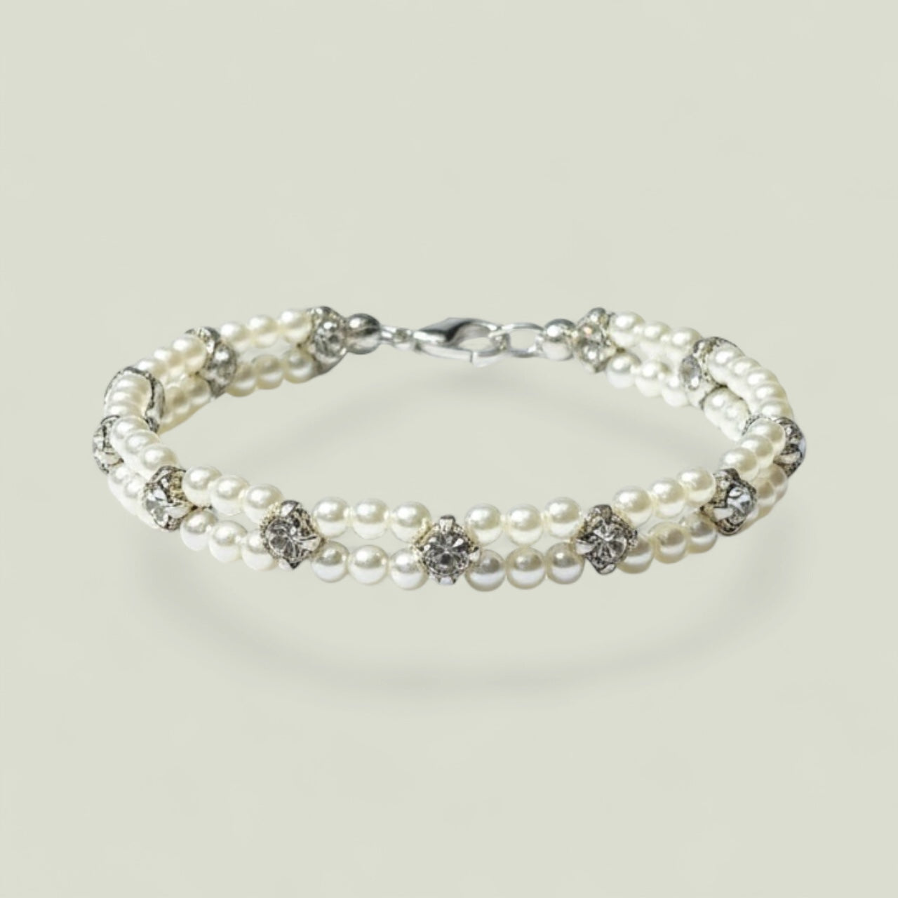 Handmade Pearl and Rhinestone Double-Strand Bridal Bracelet — alternate view 2