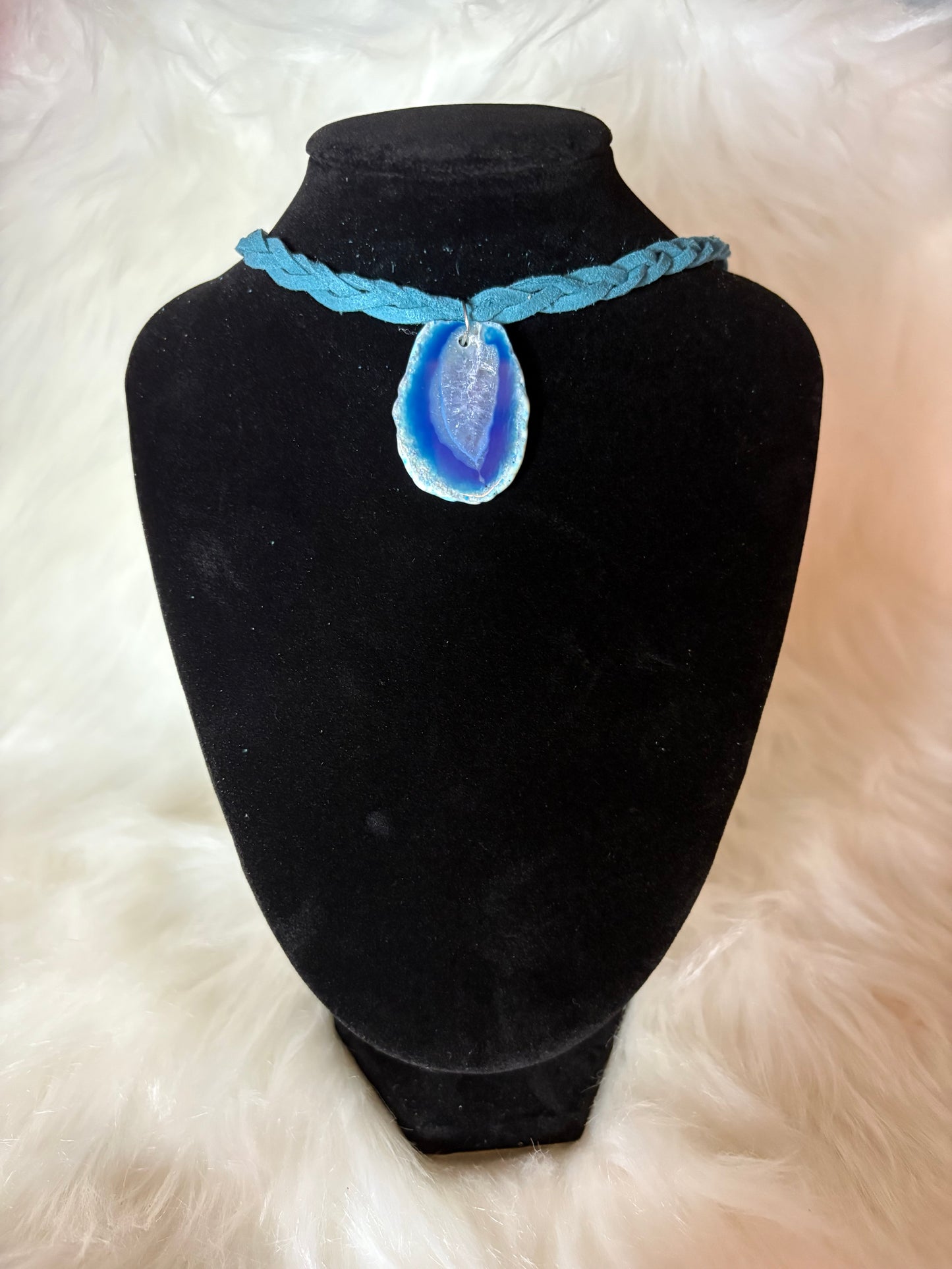 Handmade Blue Agate Geode Slice Necklace, Braided Suede Cord
