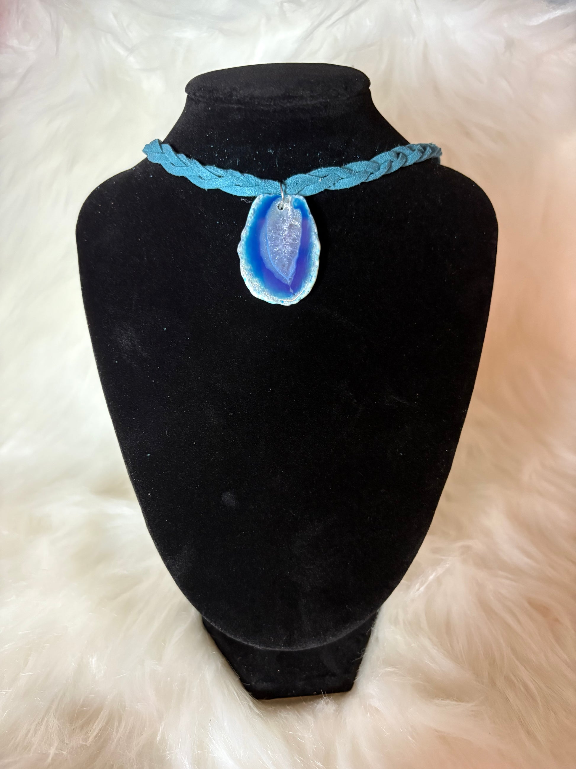 Handmade Blue Agate Geode Slice Necklace, Braided Suede Cord