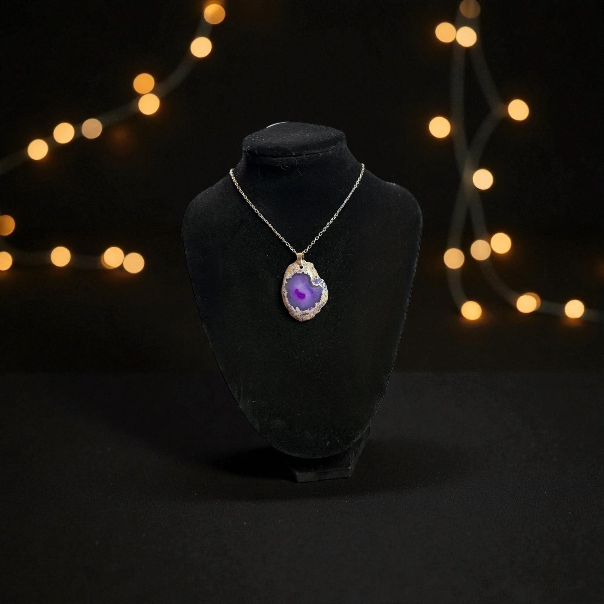 Handmade Purple Agate Geode Slice Necklace, Silver Chain — alternate view