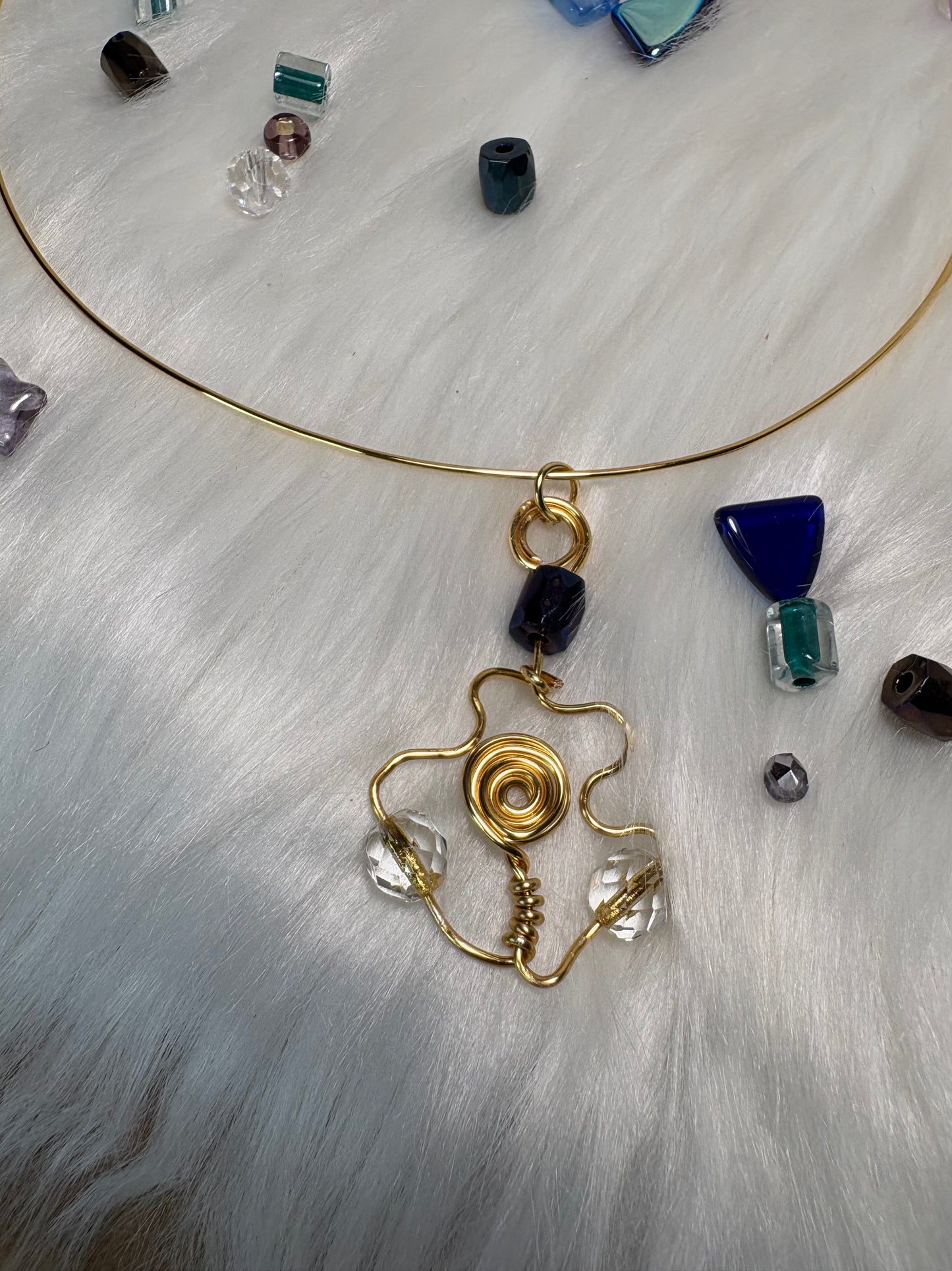Gold Wire-Wrapped Crystal Pendant Choker, Handmade — alternate view 2