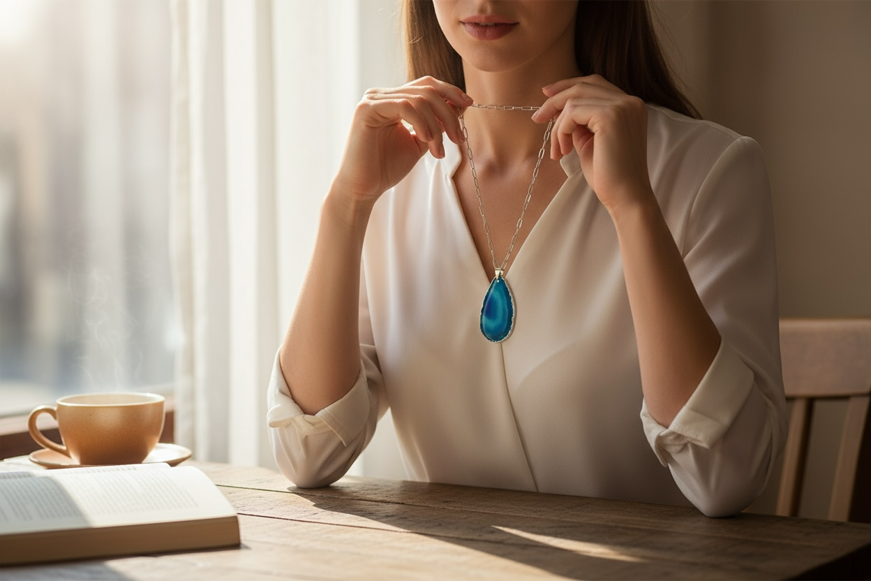 Handmade Teal Blue Agate Geode Slice Necklace, Paperclip Chain — alternate view
