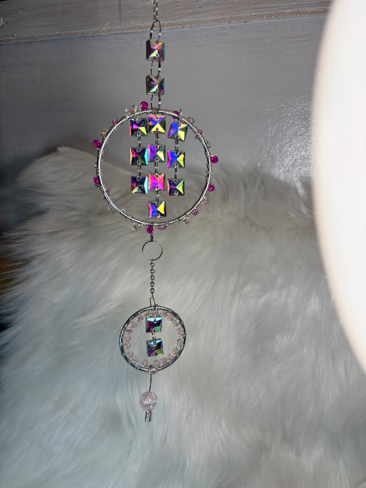 Iridescent Crystal Silver Suncatcher, Rainbow Prism Window Hanging