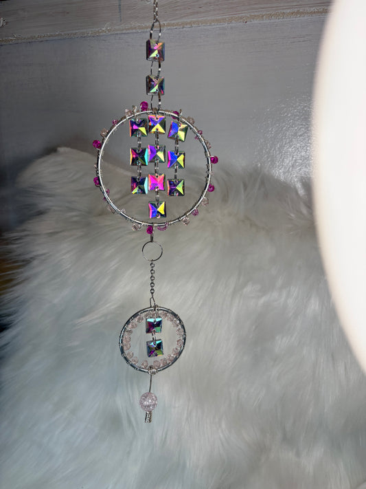 Iridescent Crystal Silver Suncatcher, Rainbow Prism Window Hanging