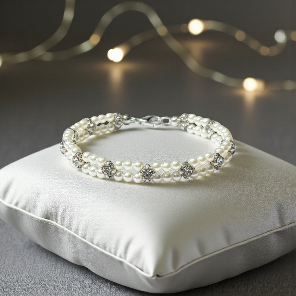 Handmade Pearl and Rhinestone Double-Strand Bridal Bracelet