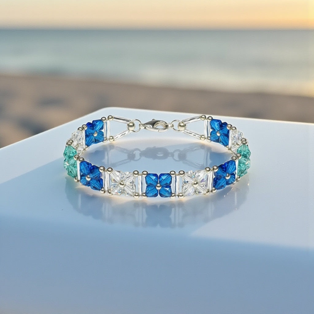 Handmade Blue and Aqua Crystal Bracelet, Square-Cut Ocean Tones