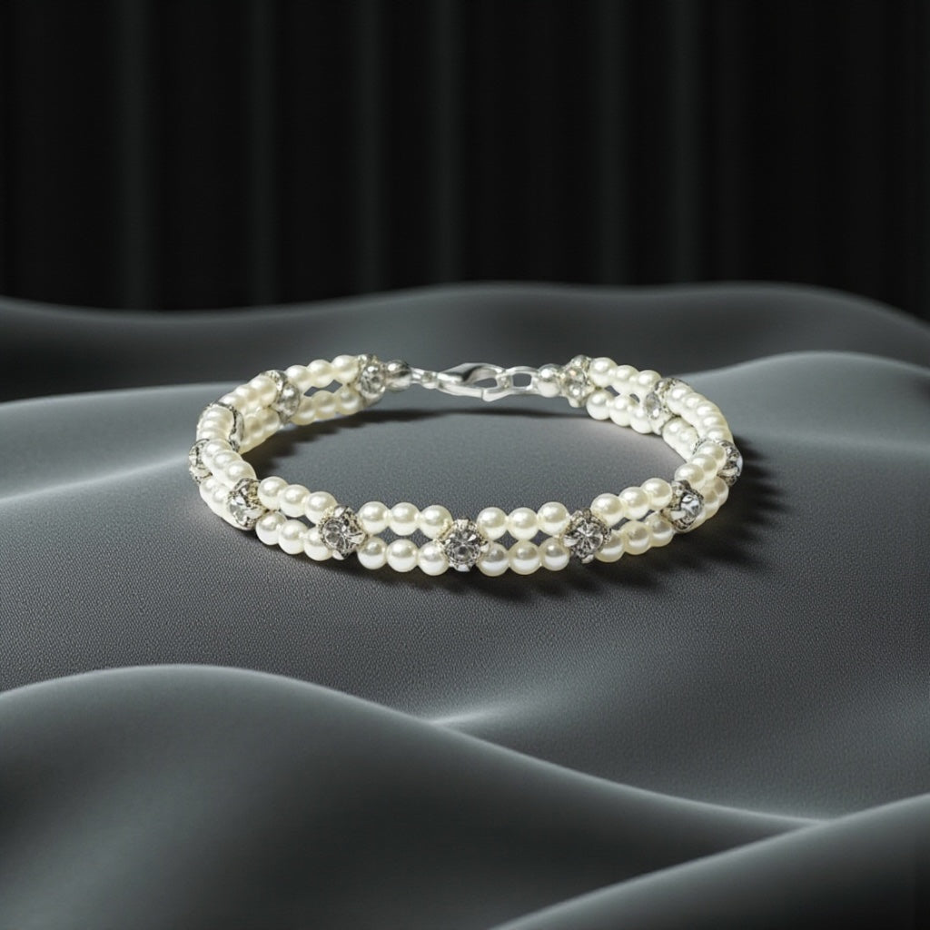 Handmade Pearl and Rhinestone Double-Strand Bridal Bracelet — alternate view