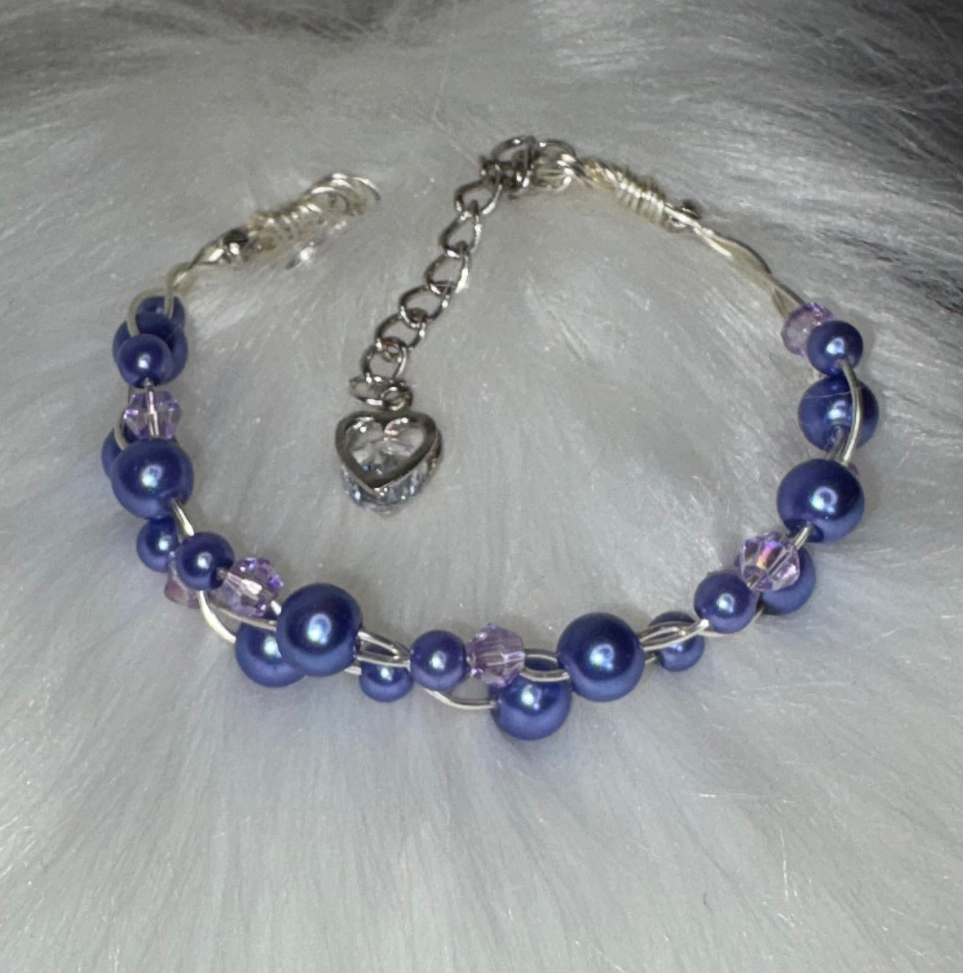 Handmade Blue Glass Pearl Bracelet, Woven Wire with Heart Charm — alternate view