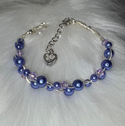 Handmade Blue Glass Pearl Bracelet, Woven Wire with Heart Charm — alternate view