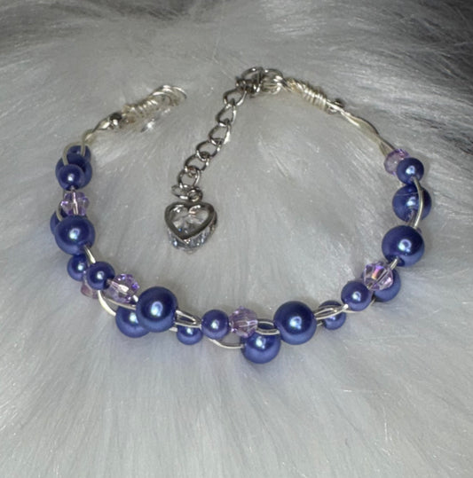 Handmade Blue Glass Pearl Bracelet, Woven Wire with Heart Charm — alternate view