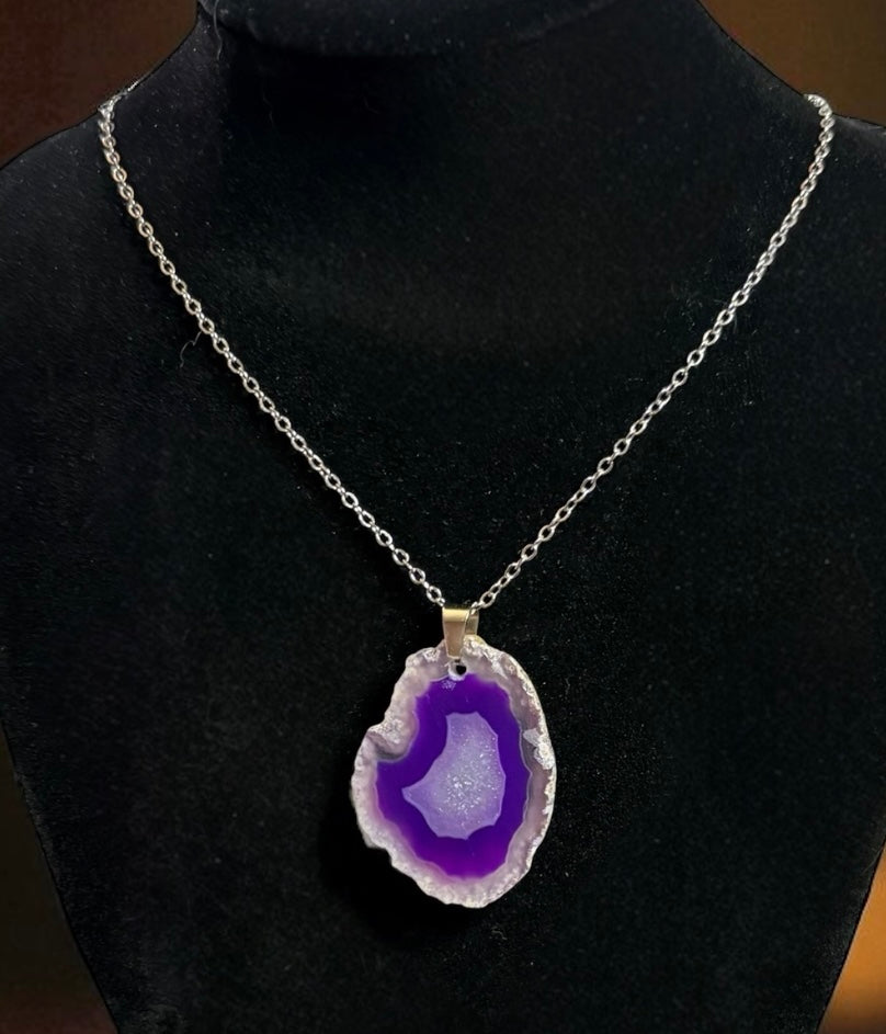 Handmade Purple Agate Geode Slice Necklace, Silver Chain — alternate view 2