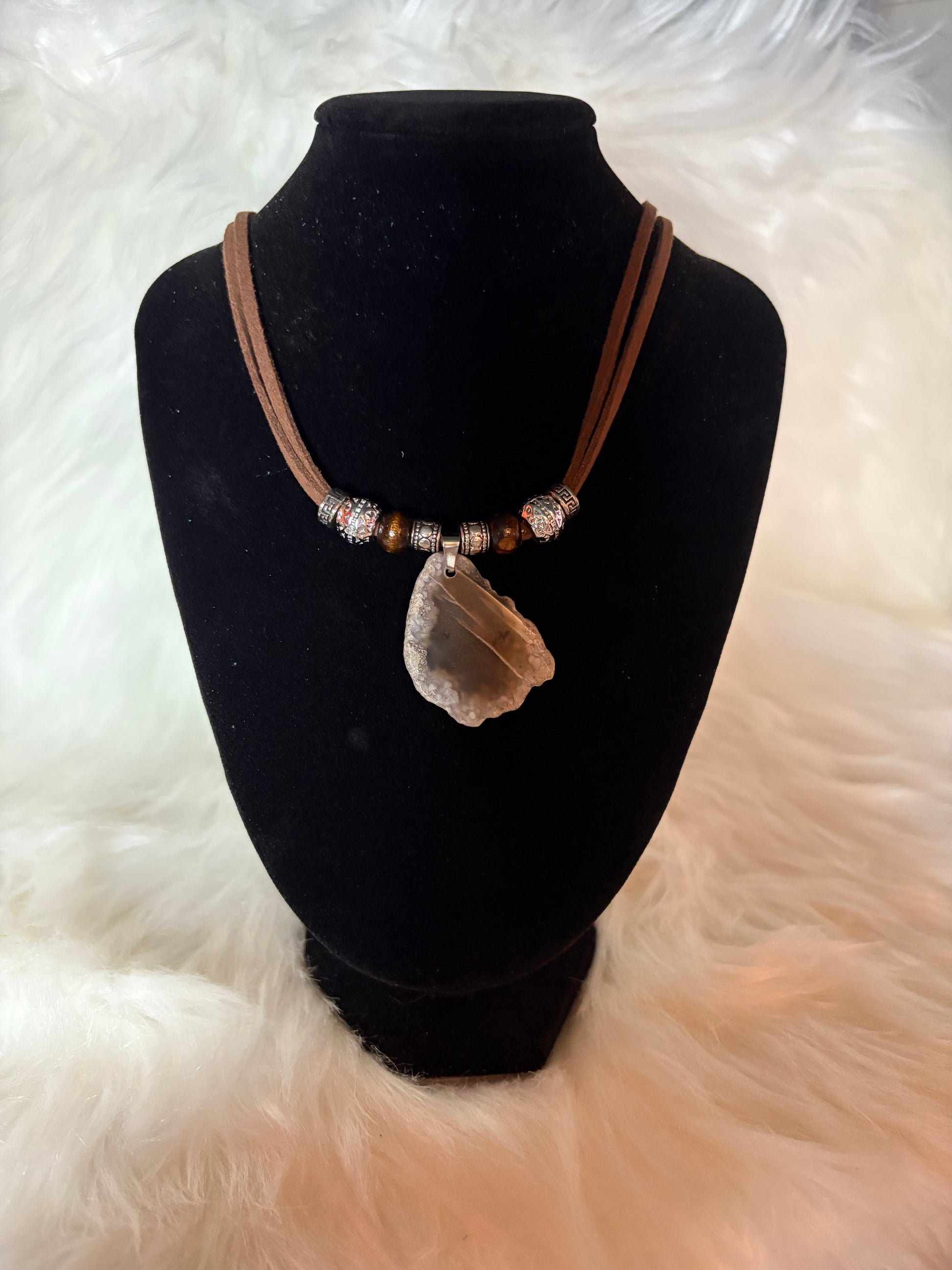 Handmade Beige Agate Geode Slice Necklace, Suede Cord — alternate view