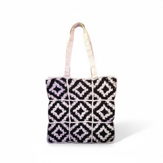 Black and White Crochet Tote Bag, Handmade — alternate view