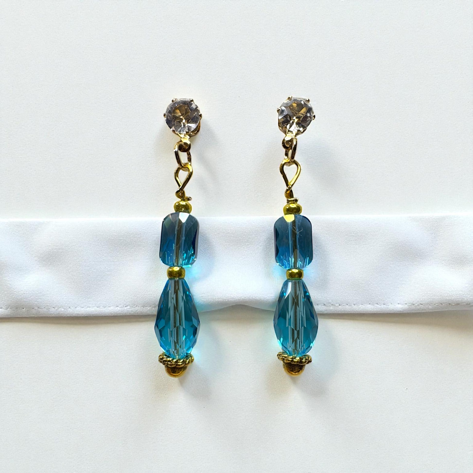 Handmade Aquamarine Blue Crystal Drop Earrings, Gold Tone