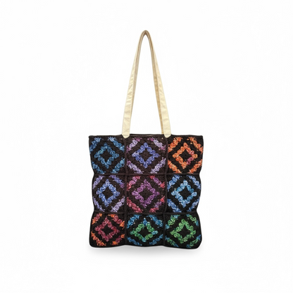 Rainbow Crochet Tote Bag, Black and Multicolor, Handmade — alternate view