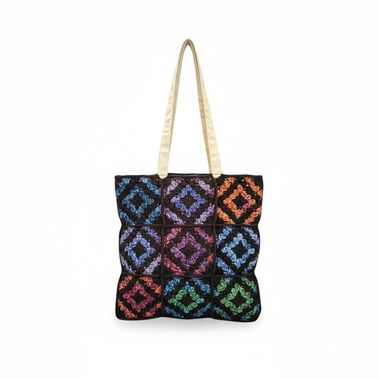 Rainbow Crochet Tote Bag, Black and Multicolor, Handmade — alternate view