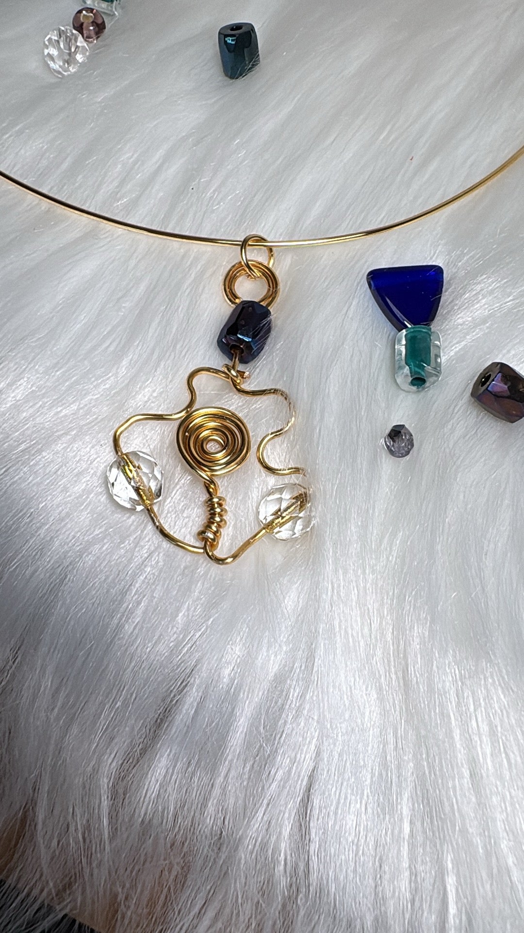 Gold Wire-Wrapped Crystal Pendant Choker, Handmade