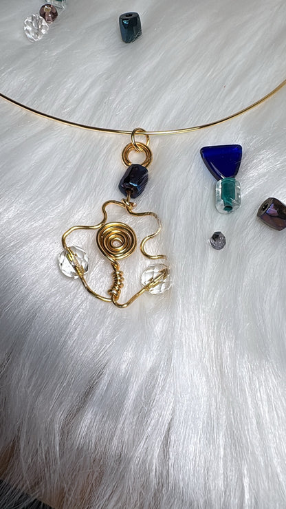 Gold Wire-Wrapped Crystal Pendant Choker, Handmade