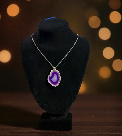 Handmade Purple Agate Geode Slice Necklace, Silver Chain