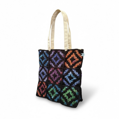 Rainbow Crochet Tote Bag, Black and Multicolor, Handmade — alternate view 2
