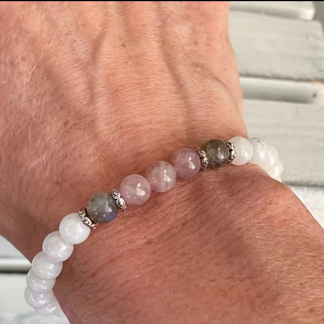 Handmade Moonstone, Labradorite and Rose Quartz Stretch Bracelet — alternate view