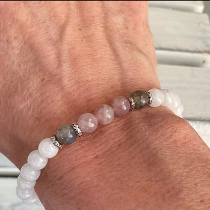 Handmade Moonstone, Labradorite and Rose Quartz Stretch Bracelet — alternate view