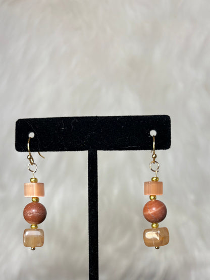 Goldstone and Peach Beaded Drop Earrings, Earthy Neutral