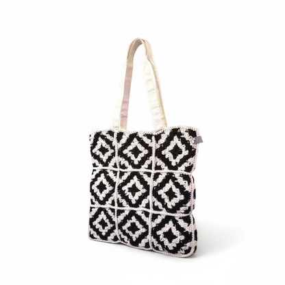 Black and White Crochet Tote Bag, Handmade — alternate view 2