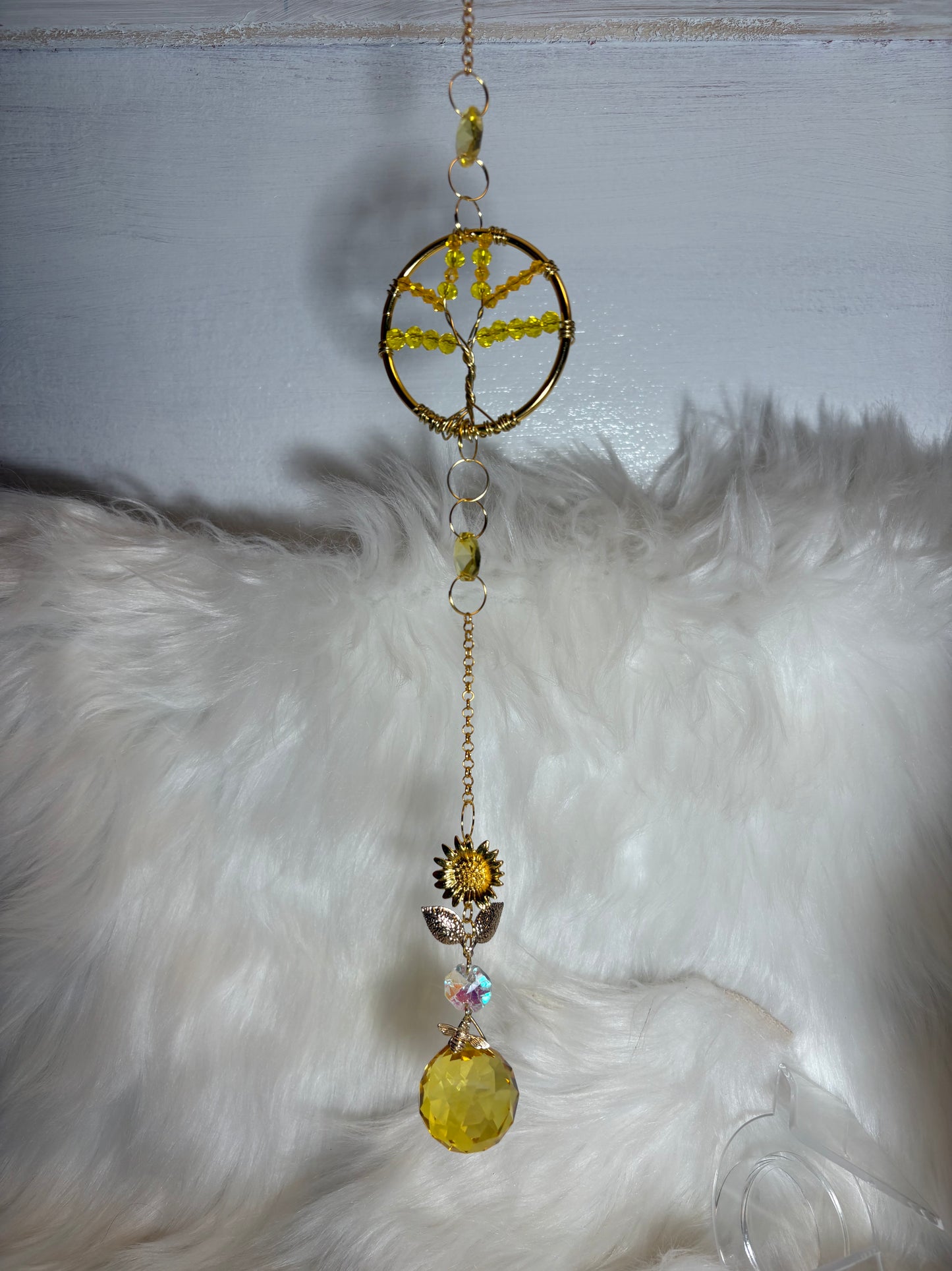 Handmade Tree of Life Crystal Suncatcher, Yellow and Gold — alternate view