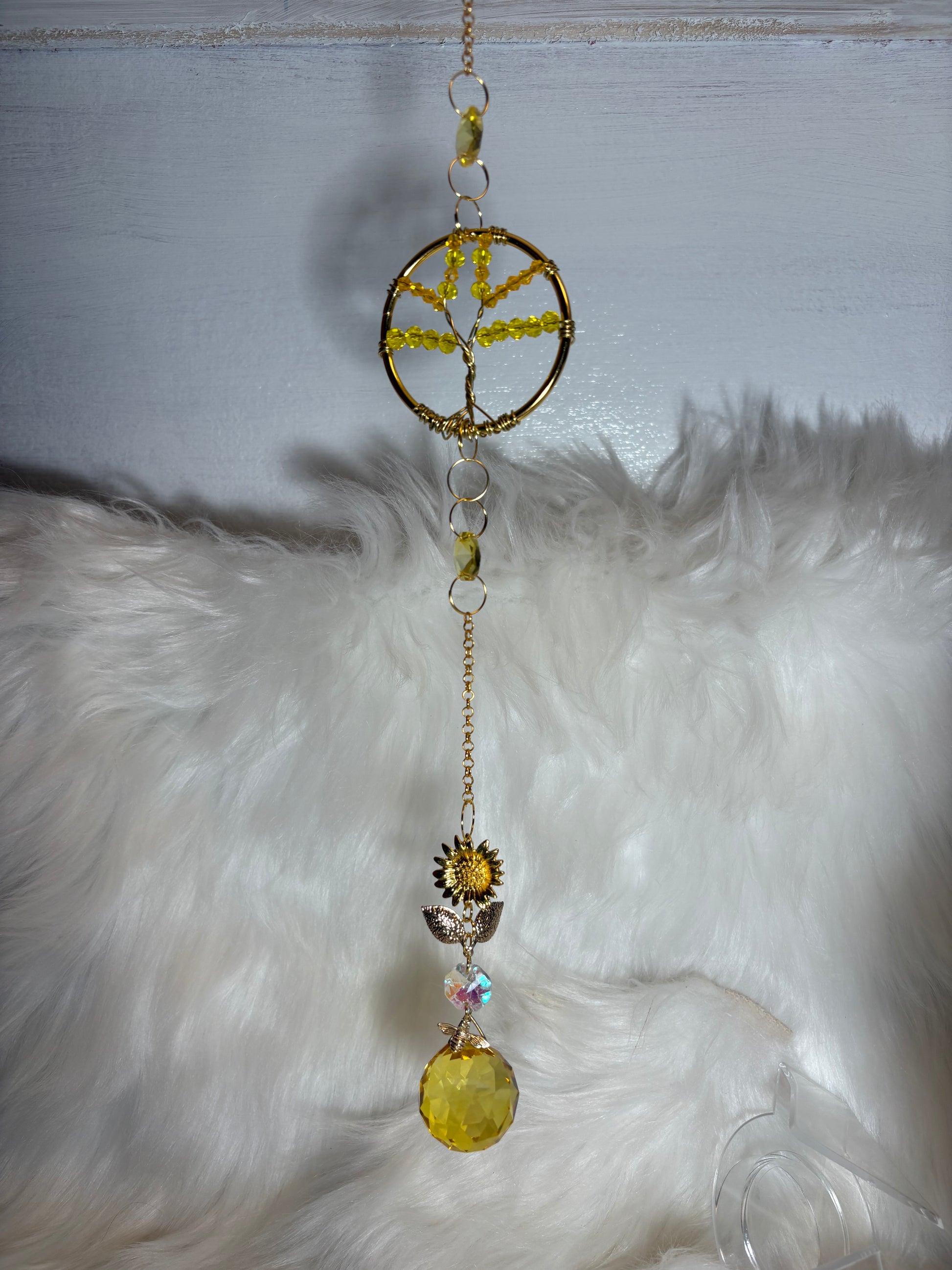 Handmade Tree of Life Crystal Suncatcher, Yellow and Gold — alternate view